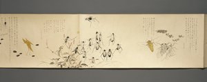 Přátelé divoké zvěře (Yasei no Tomo), období Taisho, 7. rok Taisho, kolem 1918 (inkoust a wc na tkaném papíře zdobené slídou)